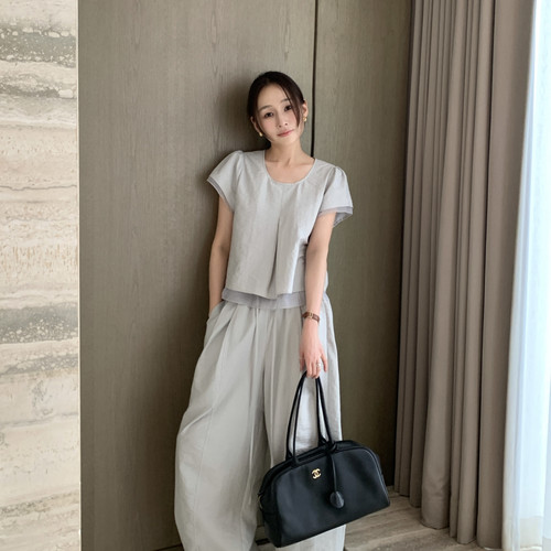 F.THREE三姐妹-两件套简约宽松短袖小衫+显瘦阔腿休闲裤套装96196
