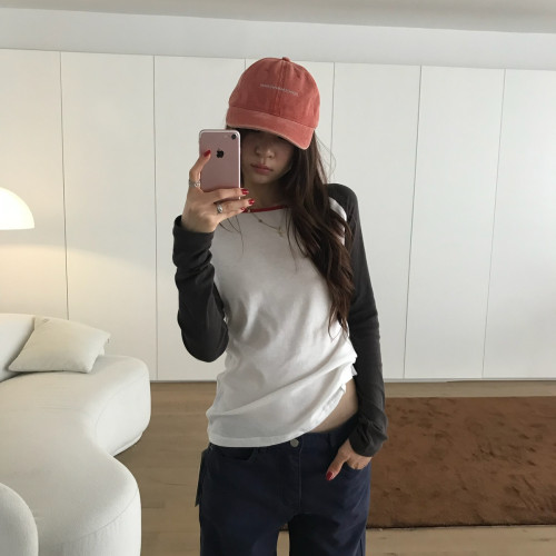 TABLE-女春秋新款修身显瘦薄款打底美式复古简约上衣打底衫61946
