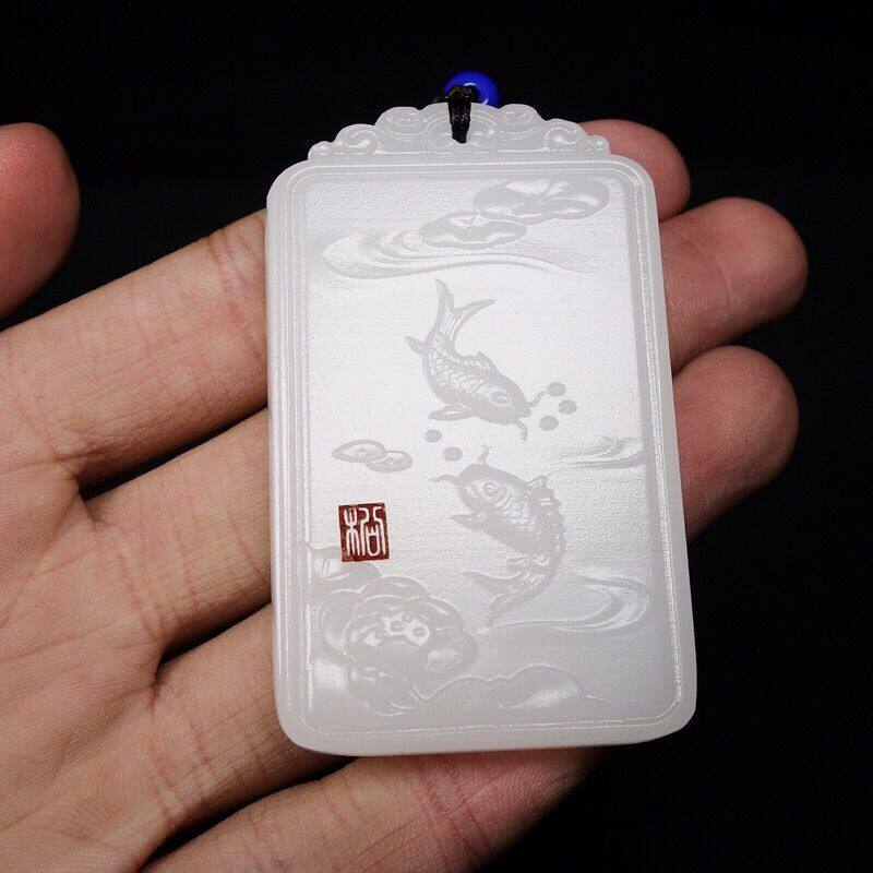 新疆和田玉天然玉石挂件吊坠连年有余白玉玉牌玉佩项链男女款牌子