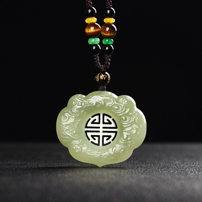 和田玉如意锁玉坠男士女士双面雕刻青白玉祥云富贵锁吊坠玉石挂件