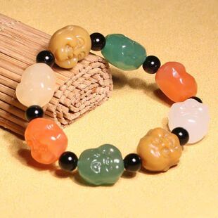 手链然新疆克拉玛依籽料金丝玉多宝笑佛头手链男女笑佛手串手工