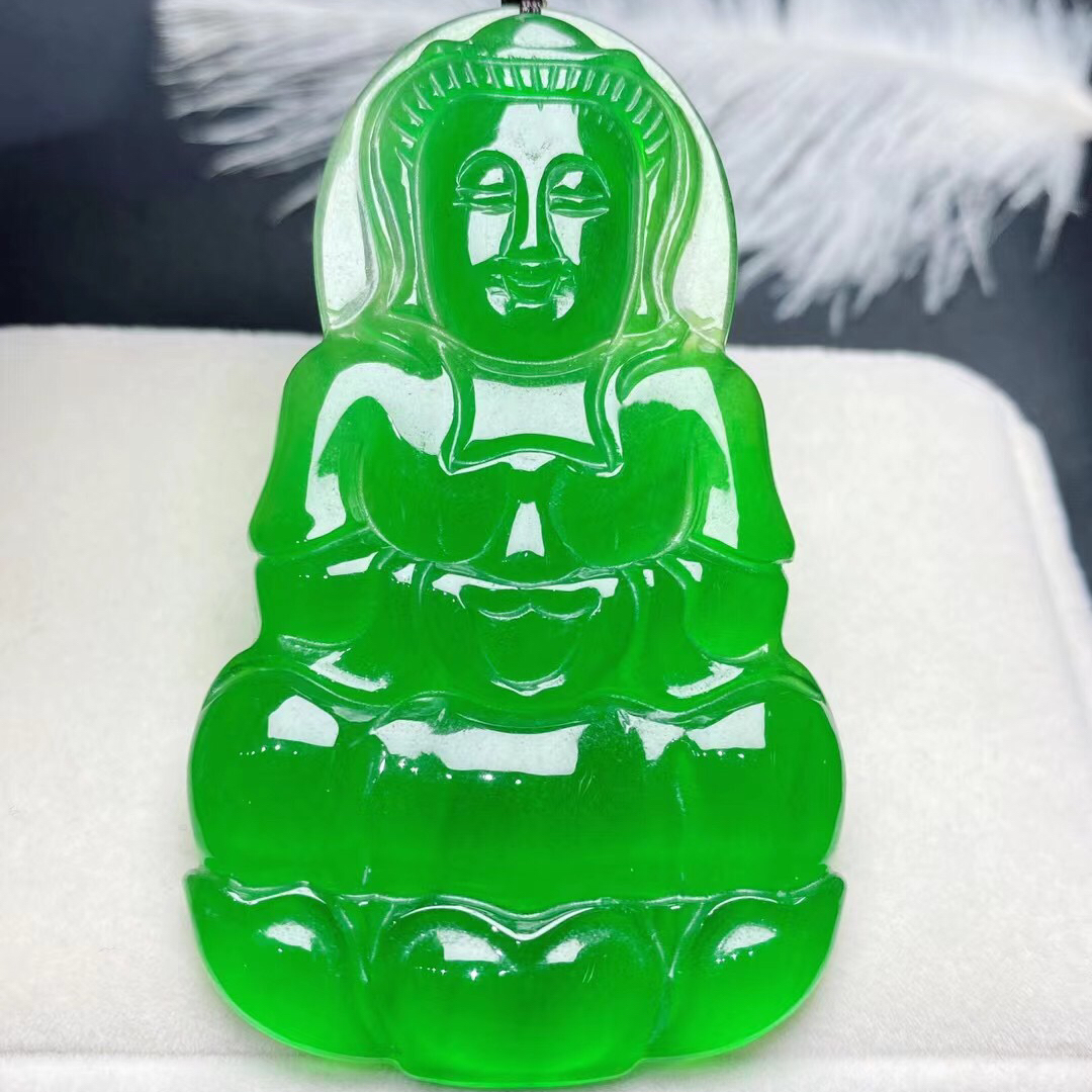 冰种阳绿玉观音吊坠男款老坑玉石挂件观音满绿观音头吊坠男女