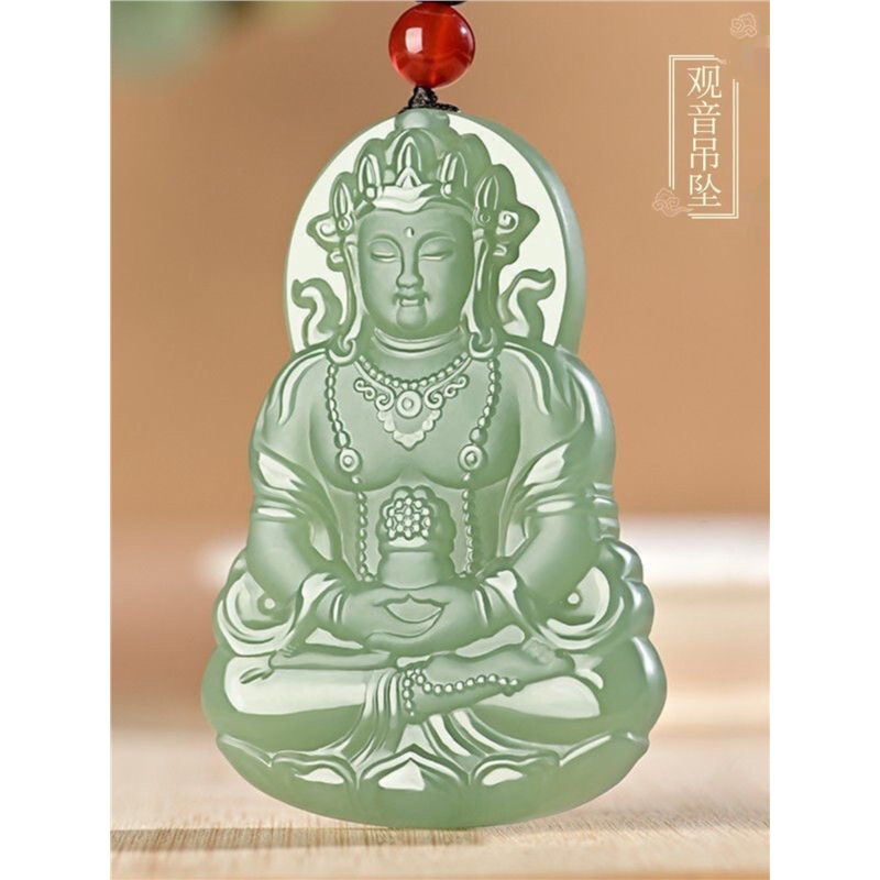 新疆纯天然和田色观音吊坠男款玉坠青白玉细料双面精雕玉观音吊坠