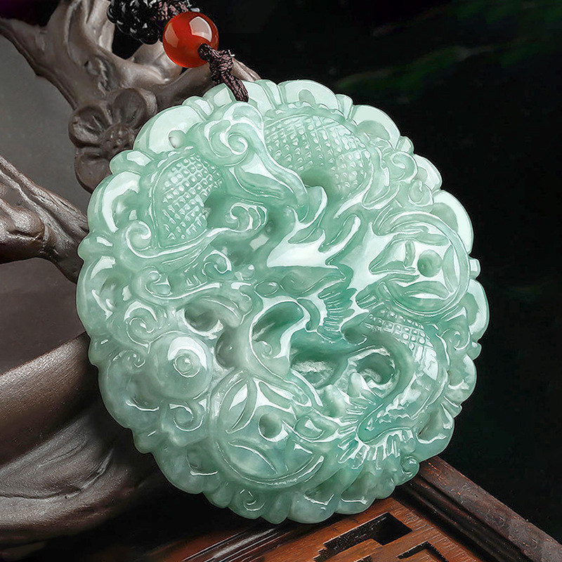 缅甸a货翡翠生肖圆形龙牌吊坠冰种玉石挂件送男女朋友礼物品