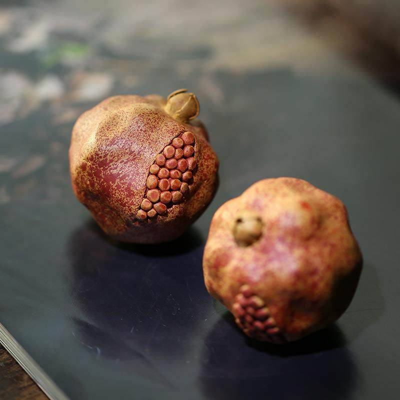 宜兴原矿紫砂茶宠石榴小摆件雕塑创意仿真水果可养茶具配件