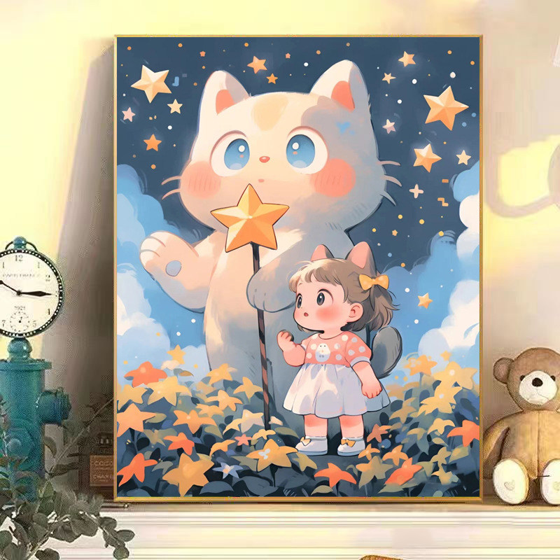 星星女孩数字油画手工diy填充画丙烯油彩画画手绘涂色填色装饰画