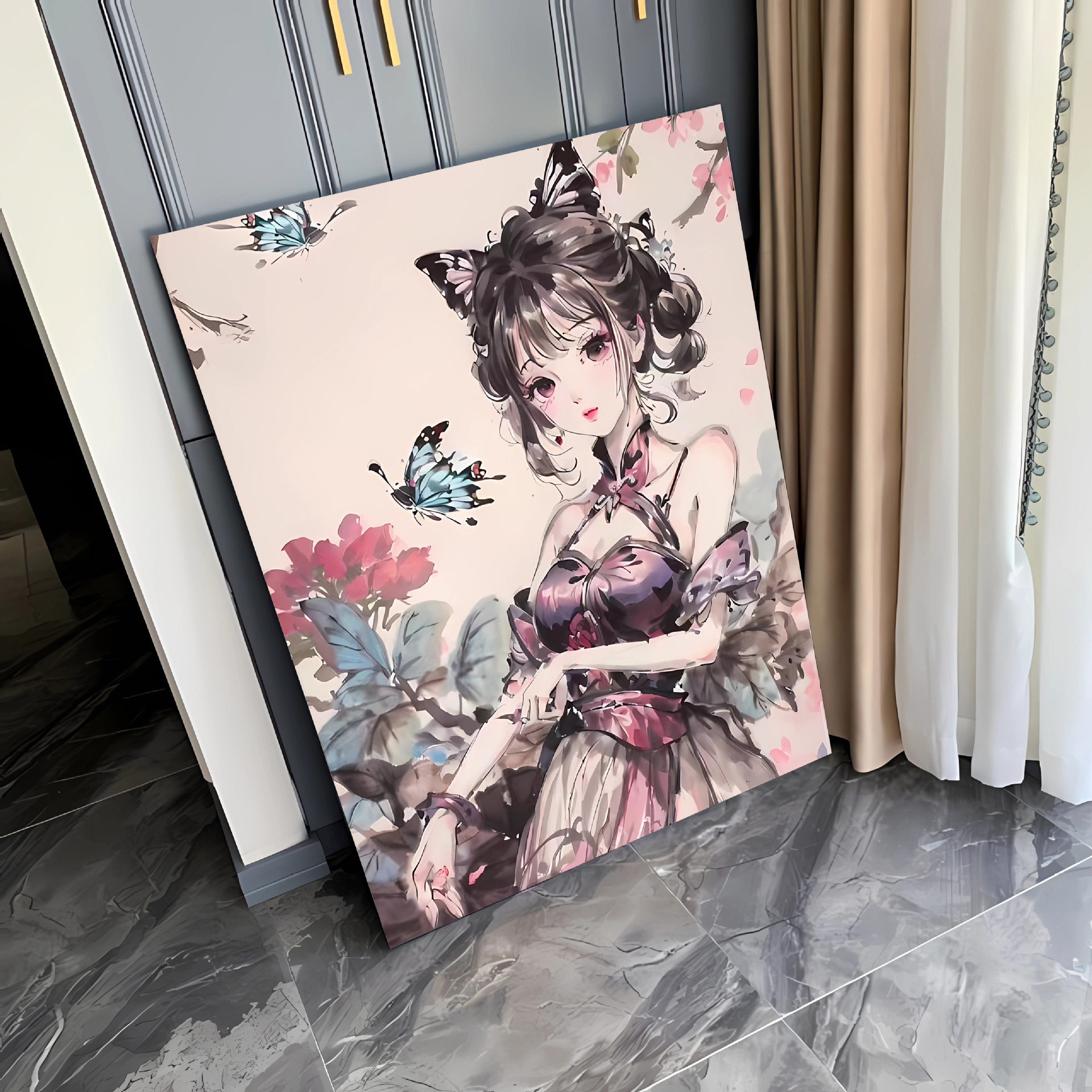 古风蝶恋花数字油画diy手绘丙烯画动漫填色涂色手工填充油彩画