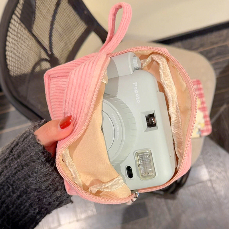 拍立得收纳袋复古粉色KT甜美粉色手腕包包灯芯绒小方包便携化妆包