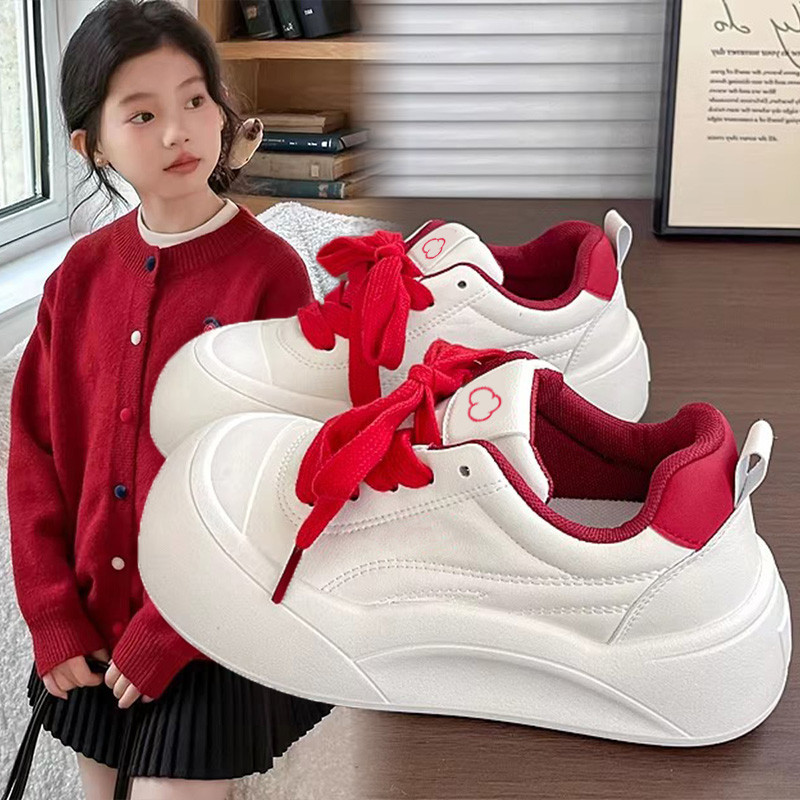 真皮女童厚底增高防滑小白鞋