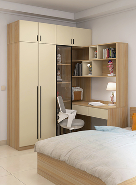 转角衣柜书桌一体实木儿童小卧室拐角带书柜连梳妆台加衣橱组合柜