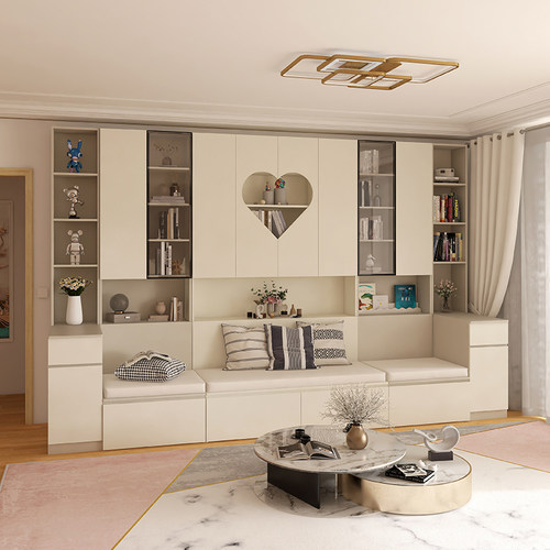 沙发收纳柜一体去客厅化书柜整墙到顶卡座式书架带玻璃门柜子定制