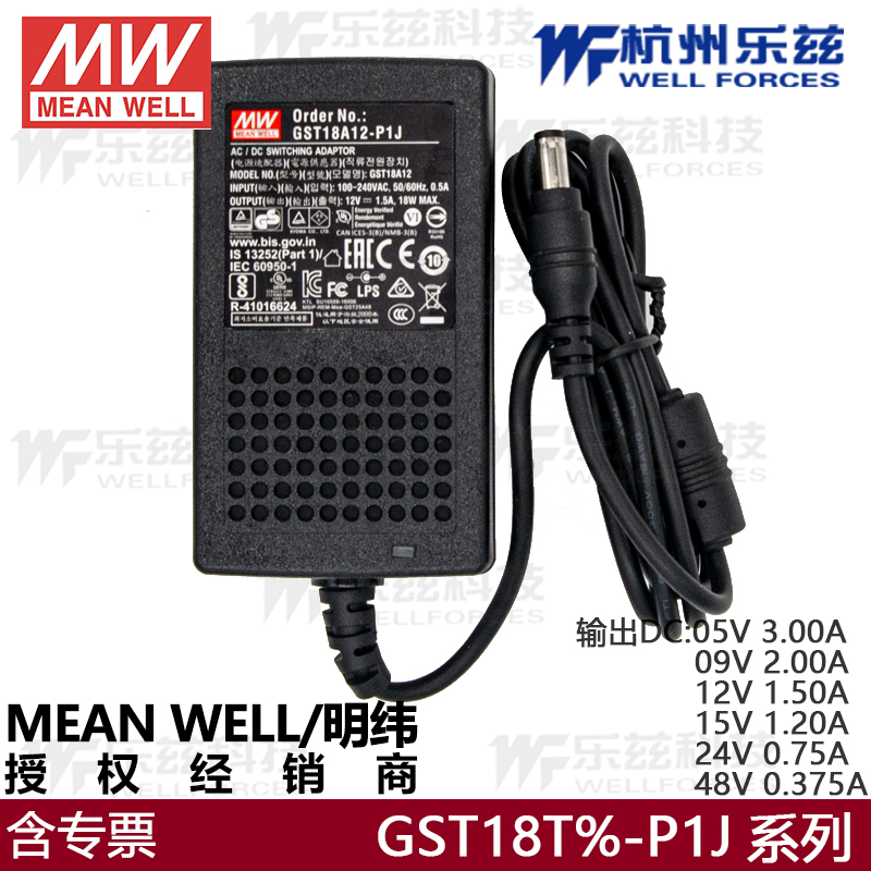 台湾明纬GST18A12-P1J电源适配器12V/05V/07V/24V小功率节能AC-DC