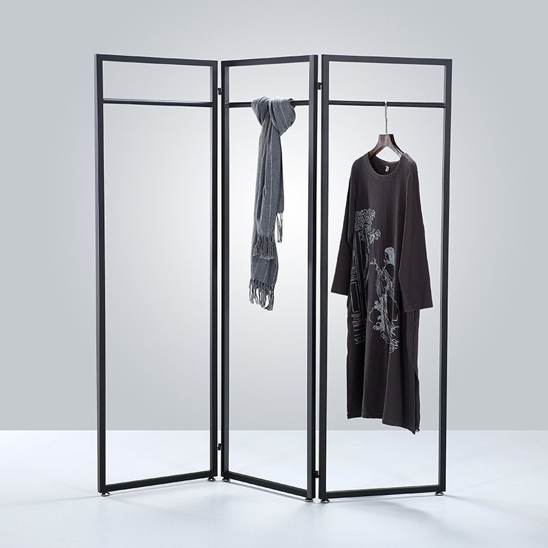 简约屏风式挂衣架 服装a店黑色服装展架落地家用铁艺隔断架子