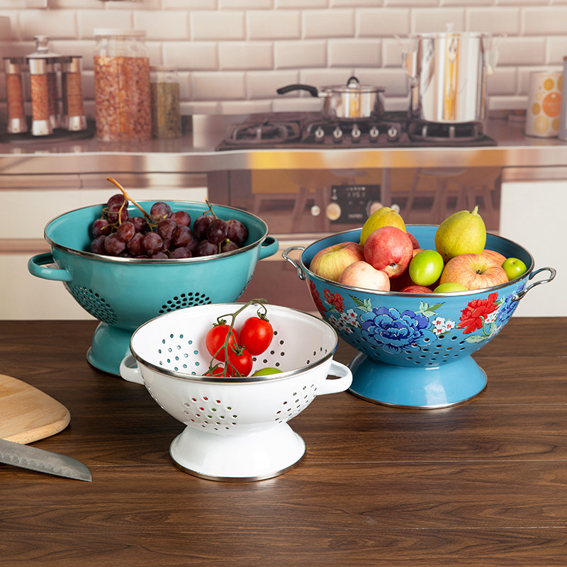 创意复古茶点水果盘客厅茶几家用果篮洗菜盆珐琅搪瓷沥水篮高脚盘,餐饮具,果盆/果盘/果篮,淘宝优惠券,粉丝福利购,淘宝优惠卷