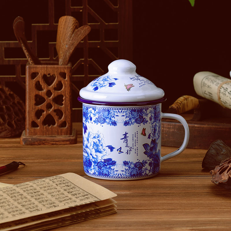 加厚搪瓷杯带盖茶缸复古芙蓉润家