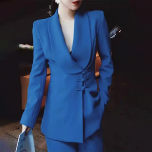 职业西装套装女播音主持人艺考正装讲师蓝色比赛西服主播上镜服装