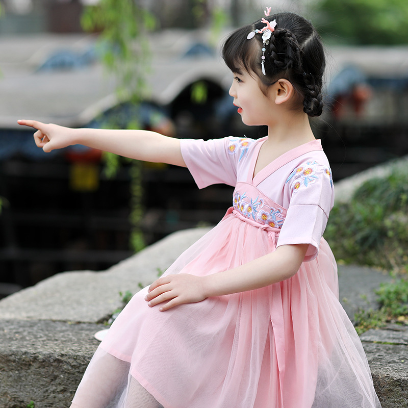 m汉服女童夏装超仙中国风纱唐小女孩儿i童裙装短袖连衣裙网襦公主