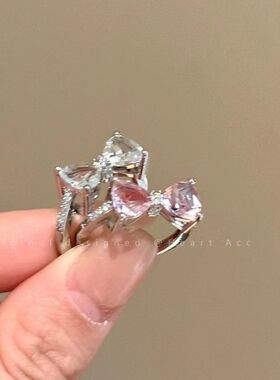 韩版粉色蝴蝶结戒指女甜美少女心活口戒指可调节轻奢小众设计感