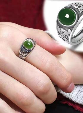 复古做旧绿宝石戒指男款潮流指环轻奢高级感绿宝石活口可调节戒指
