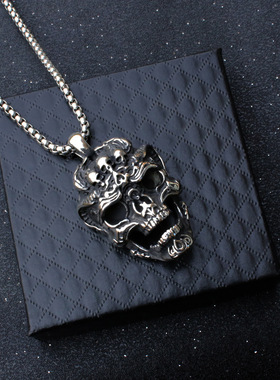 复古风骷髅头项链吊坠男潮嘻哈个性设计钛钢挂件女街头配饰毛衣链