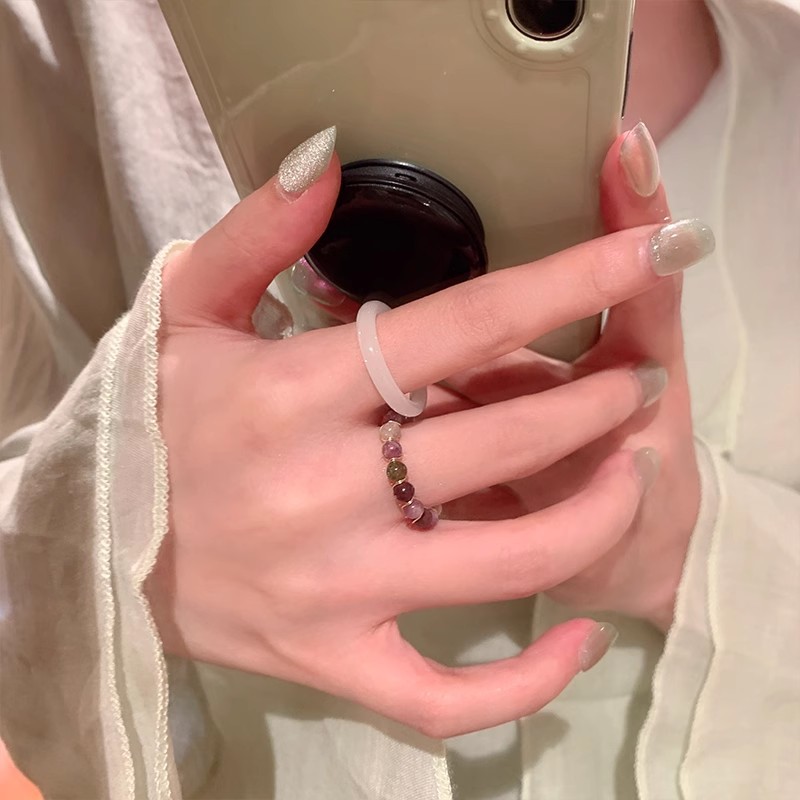 新中式碧玺琉璃开口串珠戒指女小众设计轻奢高级感素戒食指戒指环