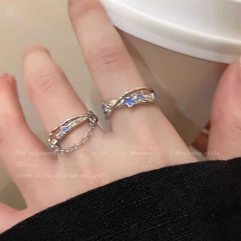 蓝色滴釉链条星星开口戒指女甜酷风五角星食指戒小众设计感指环夏