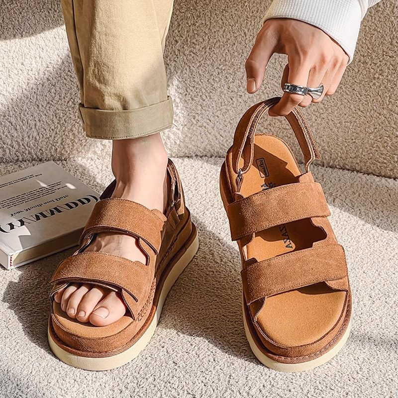 高端真皮凉鞋男款夏季外穿运动凉拖鞋翻毛皮户外不臭脚休闲沙滩鞋