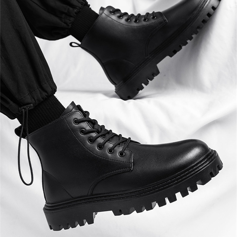 真皮马丁靴男士秋冬季厚底增高12CM工装靴男款英伦风黑色机车靴子