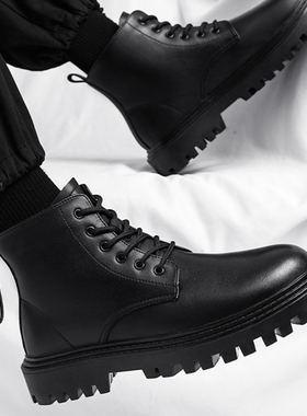 真皮马丁靴男士秋冬季厚底增高12CM工装靴男款英伦风黑色机车靴子