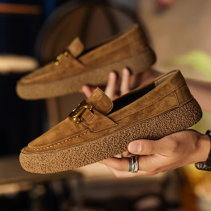 高端男鞋夏季款透气一脚蹬乐福鞋男士真皮豆豆鞋子牛筋底休闲皮鞋