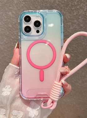 适用IP6PROMAX后盖磁吸手机壳缤纷三合一抗黄耐磨TPU渐变色配手绳