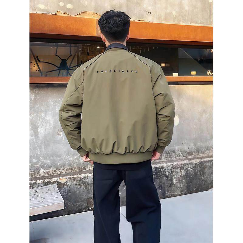 假两件军绿色棉服外套男款冬季美式复古痞帅翻领工装短款夹克棉衣