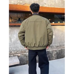 假两件军绿色棉服外套男款冬季美式复古痞帅翻领工装短款夹克棉衣