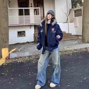 冬季美式复古刺绣徽章座山雕棉衣派克服外套男女加厚保暖毛领夹克