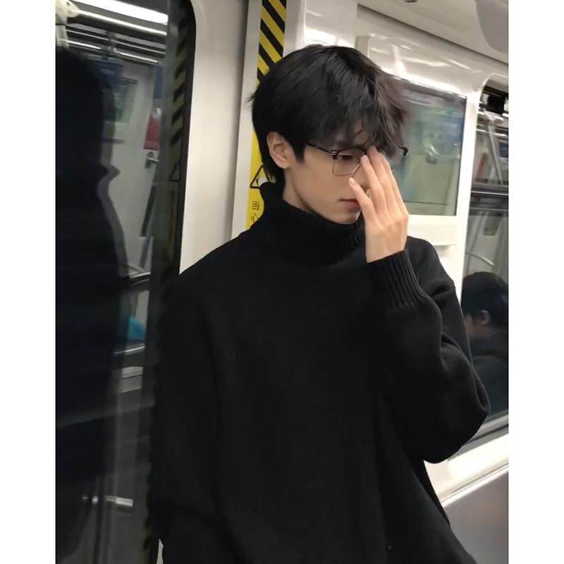 黑色高领毛衣男款秋冬季加绒加厚慵懒高级感痞帅风cleanfit针织衫