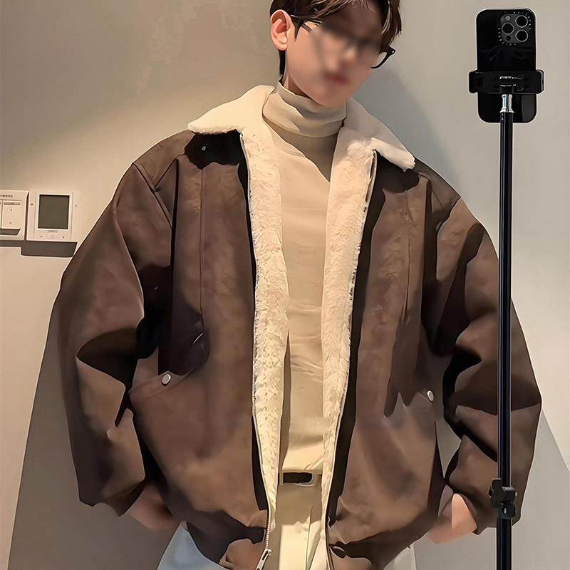 棕色雾面pu皮衣外套男冬季美拉德穿搭加厚羊羔绒棉服短款保暖棉衣