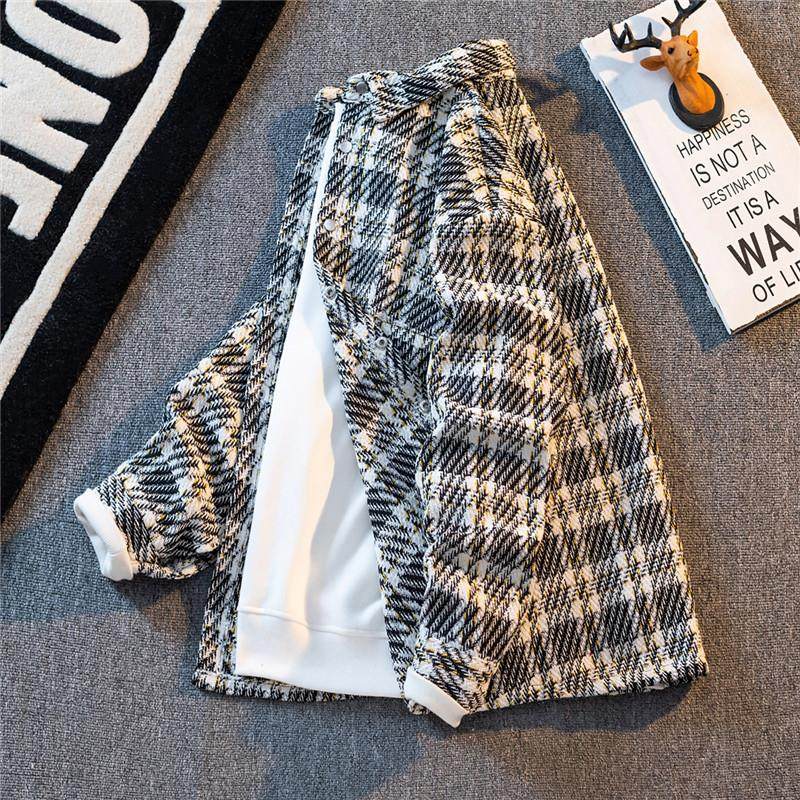 小香风外套男潮牌宽松休闲百搭毛呢夹克2025春秋季高级感格子衬衫