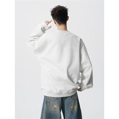 美式花卉刺绣重磅圆领卫衣男潮牌秋季宽松设计感百搭休闲黑色上衣