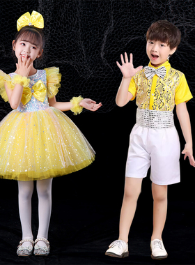 六一女童公主裙演出服快乐的小星星黄色蓬蓬纱裙幼儿园舞蹈表演服