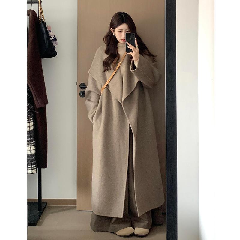 大阔翻领双面羊绒大衣女2025春秋新款高级感中长款咖色羊毛呢外套