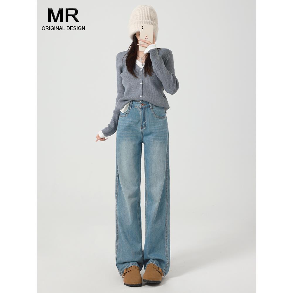 浅色阔腿天丝牛仔裤女2025秋季新款宽松阔腿窄版小个子直筒长裤子