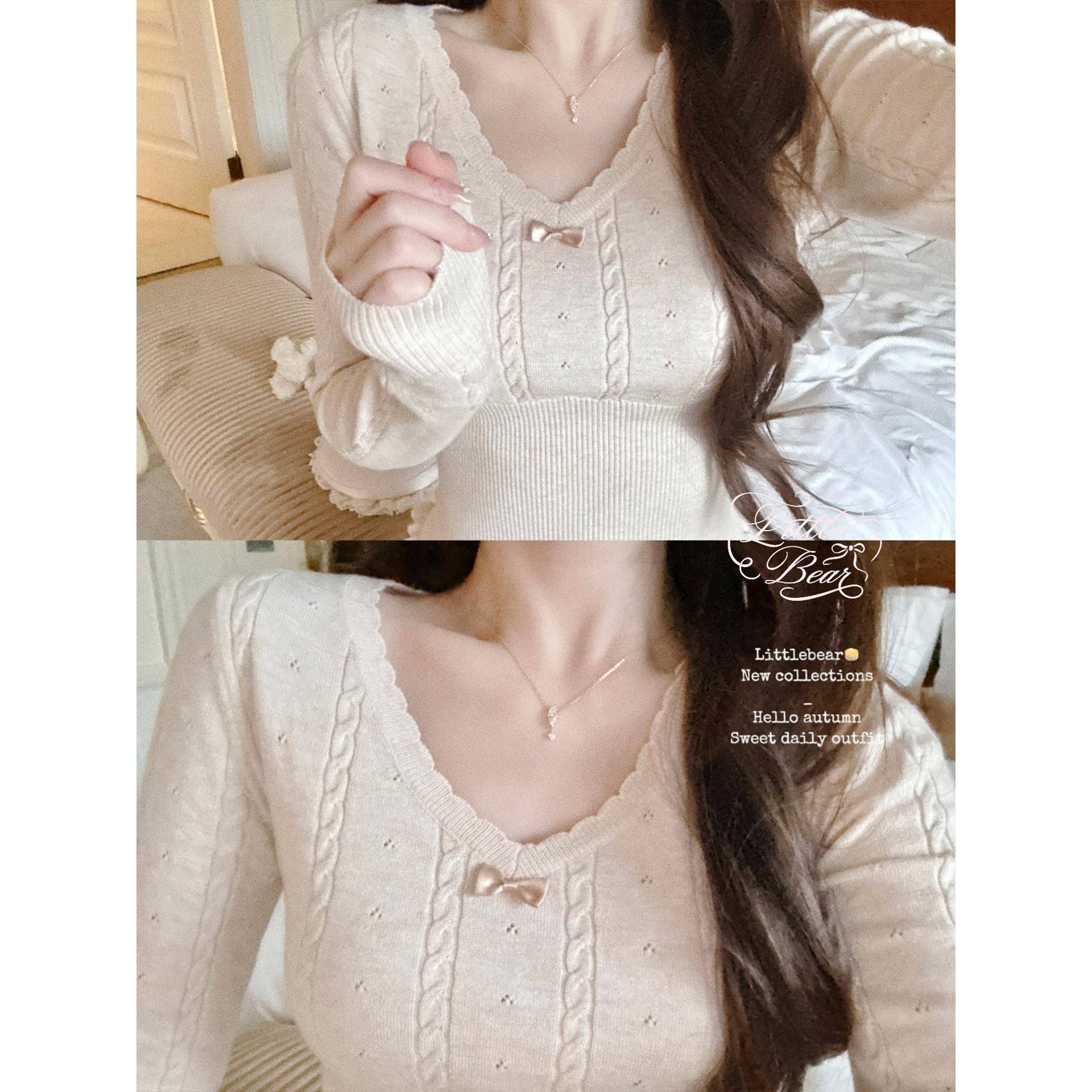 熊仔鸡丁 甜妹的长期主义/秋冬显瘦v领麻花镂空长袖绵羊毛针织衫