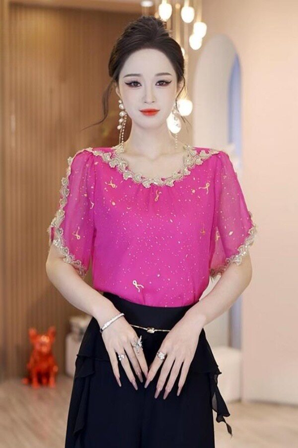 夏日多巴胺穿搭女士气质绝美质感高级感玫红色亮片短袖上衣雪纺衫