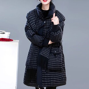 高质量高档藏蓝格色织精纺羽绒棉服大码遮肉宽松休闲防寒保暖冬新