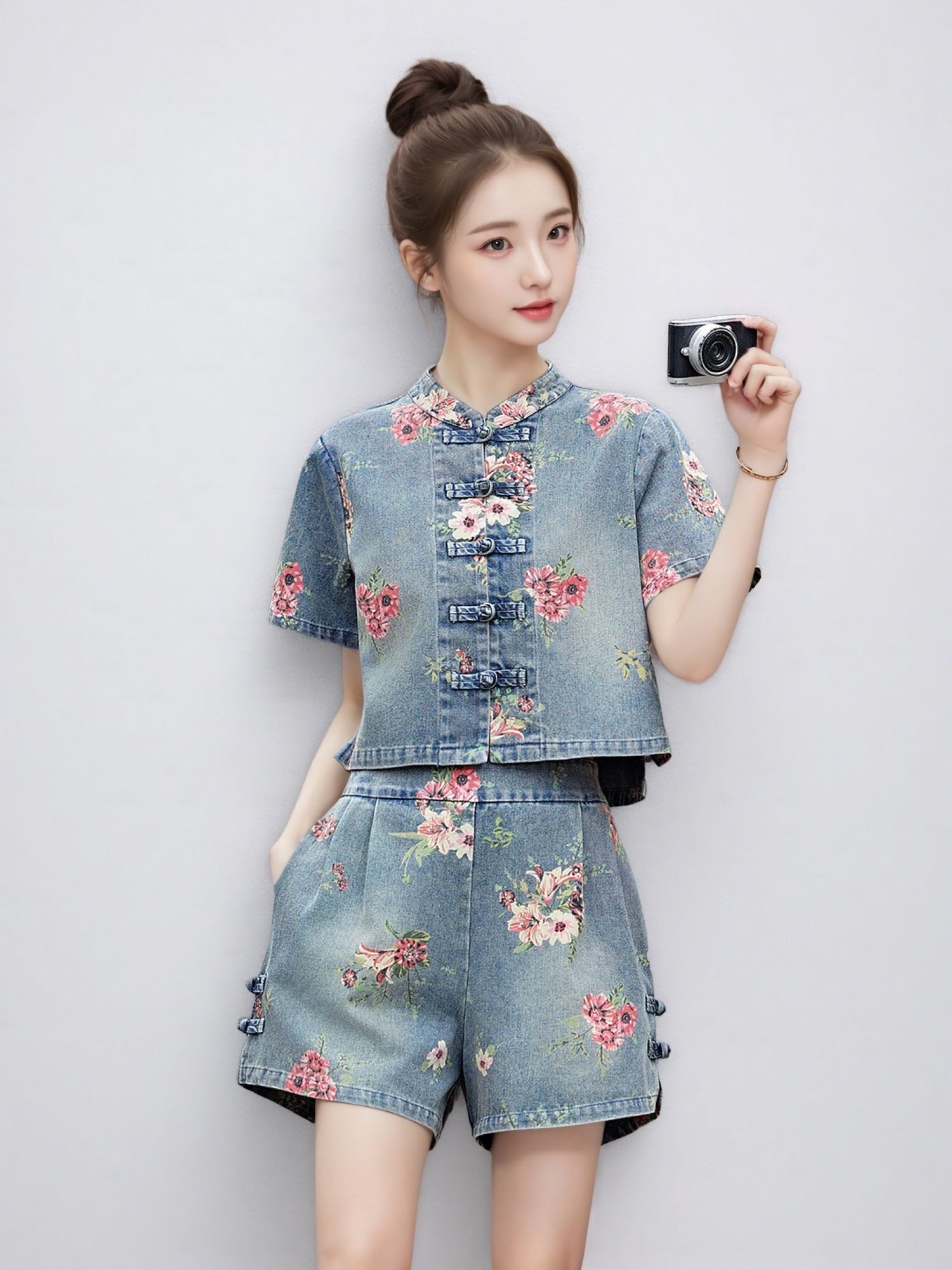新中式印花牛仔套装女2026夏装小个子复古洋气减龄短裤短袖两件套图片