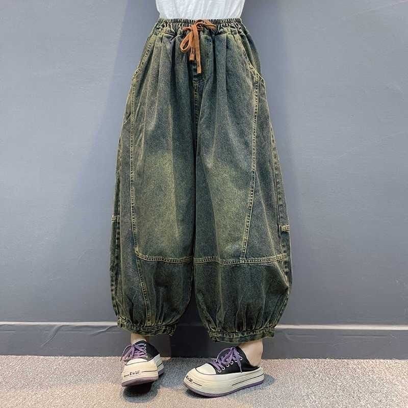 复古大码做旧牛仔裤女春秋胖mm松紧腰显瘦宽松阔腿裤百搭九分裤子,女装/女士精品,牛仔裤,淘宝优惠券,粉丝福利购,淘宝优惠卷