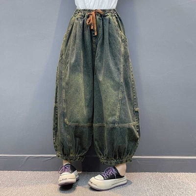 复古大码做旧牛仔裤女春秋胖mm松紧腰显瘦宽松阔腿裤百搭九分裤子