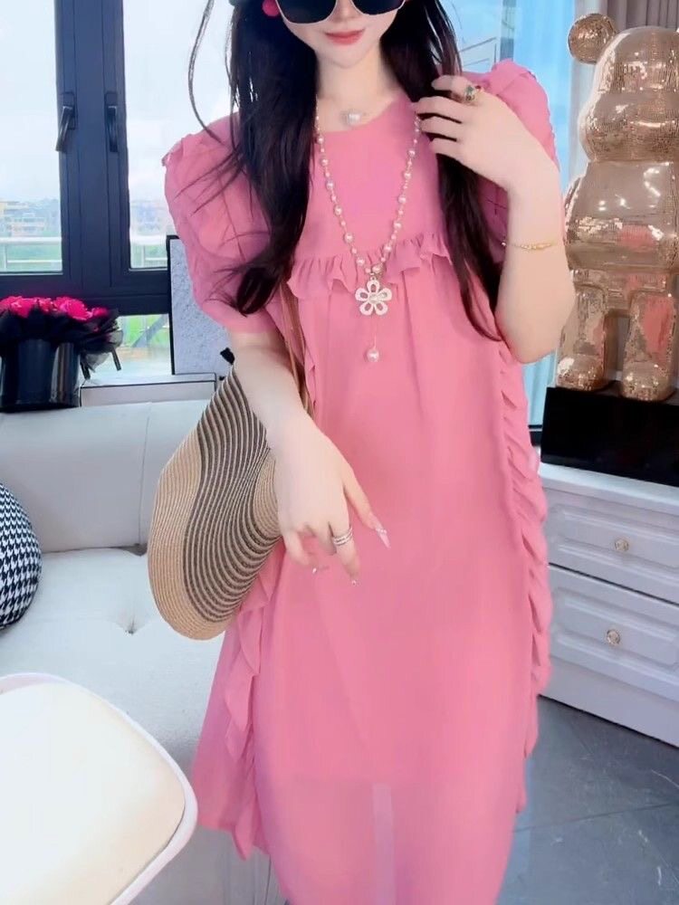 少女感粉色甜美可爱荷叶边袖拼接纯色宽松带花边娃娃短款连衣裙女