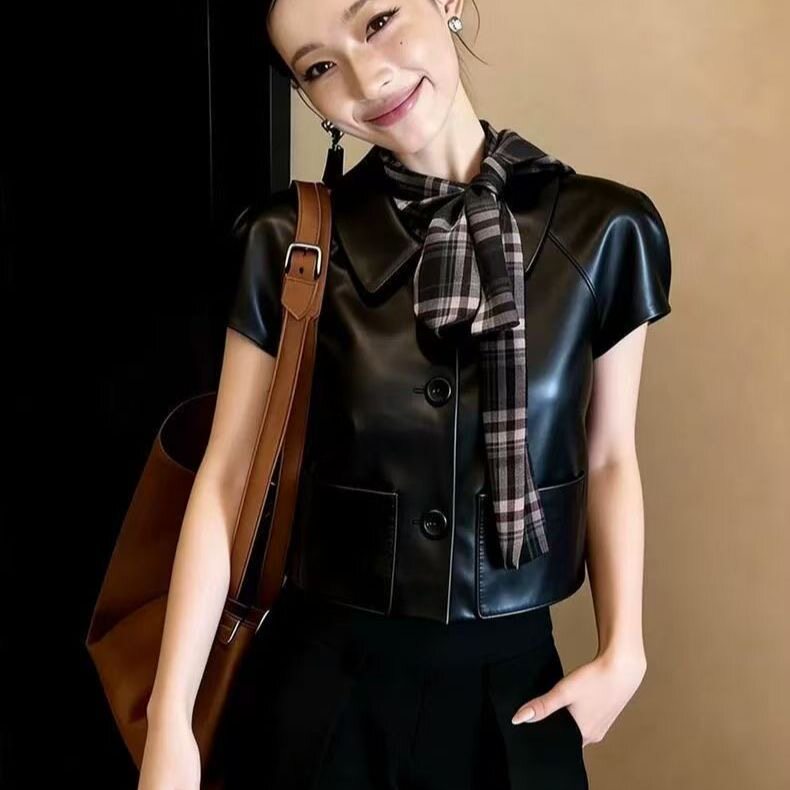 欧货PU皮短袖外套2026春黑色上衣女百搭舒适宽松显瘦百搭舒适内搭