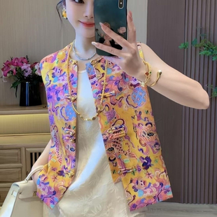 网新中式印花马甲红新款时尚古风女装新中式妈妈盘扣撞色印花马夹